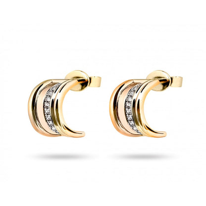 A pair of yellow gold hoop earrings with embedded white diamonds, presented against a white background.