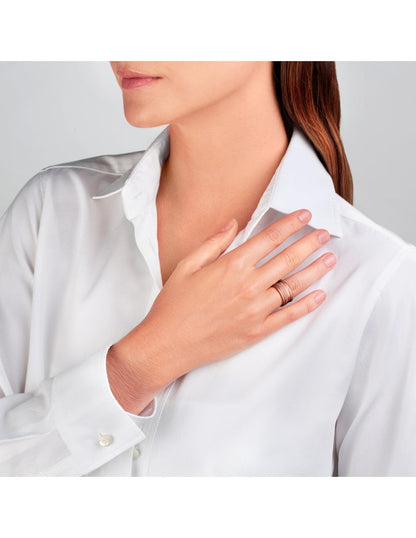 Regina Rose Gold White Diamond Ring by Ksenia Mirella Jewellery worn with white shirt styling